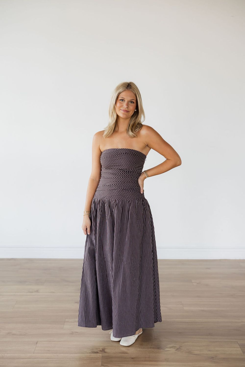 Strapless Smocked Striped Midi Dress