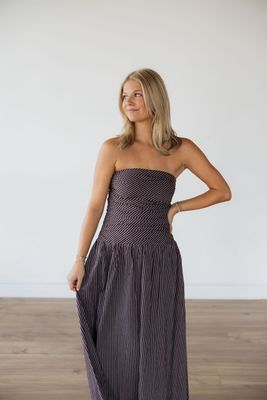 Strapless Smocked Striped Midi Dress