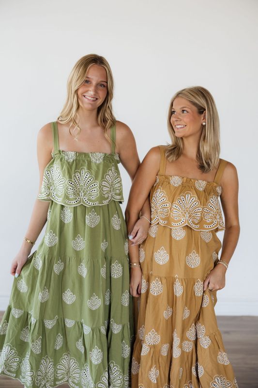 Embroidered Eyelet Detail Tiered Midi Dress