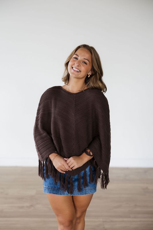 Fringe Hem Boat Neck Knit Poncho
