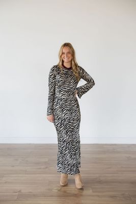 Zebra Satin Long Sleeve Maxi Dress