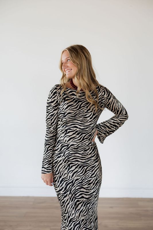 Zebra Satin Long Sleeve Maxi Dress