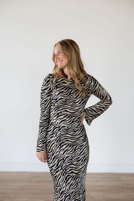 Zebra Satin Long Sleeve Maxi Dress