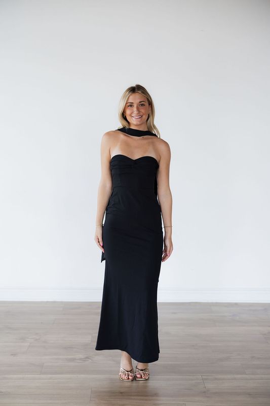 Strapless Front Knot Maxi Dress W/ Neck Scarf
