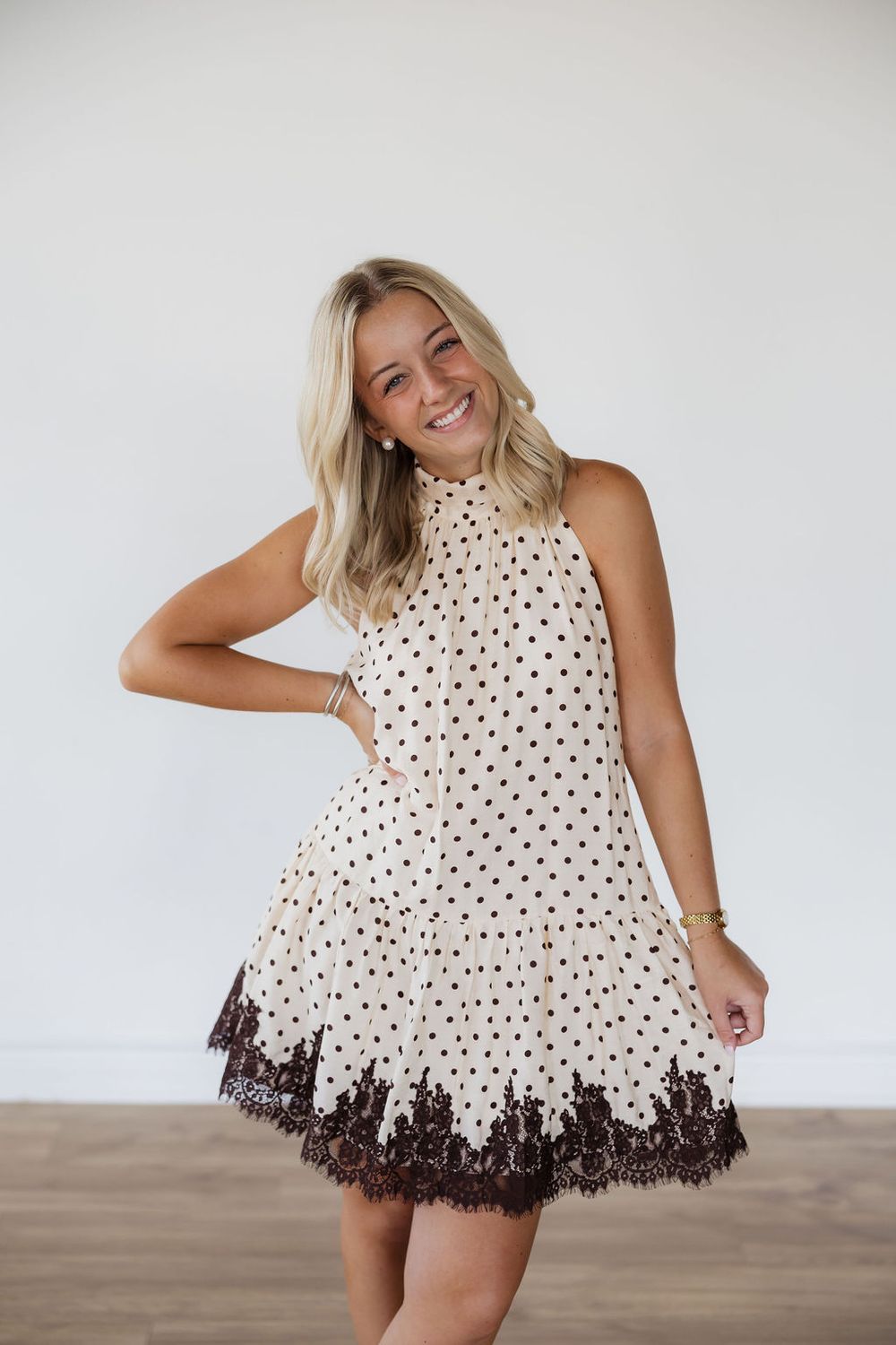 Polka Dot Mock Neck Lace Trim Mini Dress