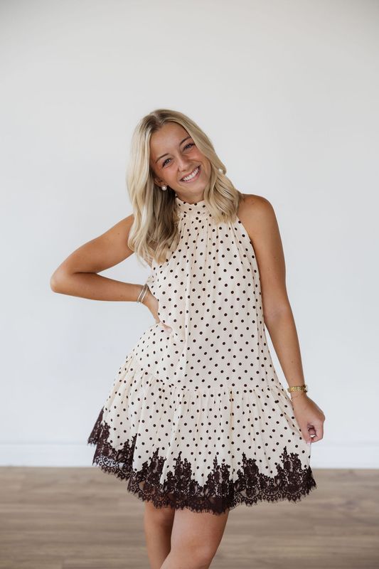 Polka Dot Mock Neck Lace Trim Mini Dress