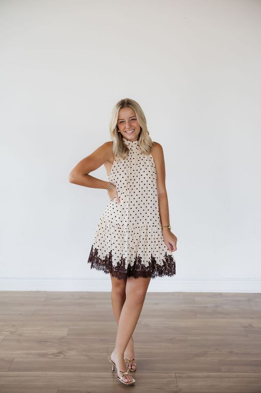 Polka Dot Mock Neck Lace Trim Mini Dress