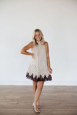 Polka Dot Mock Neck Lace Trim Mini Dress