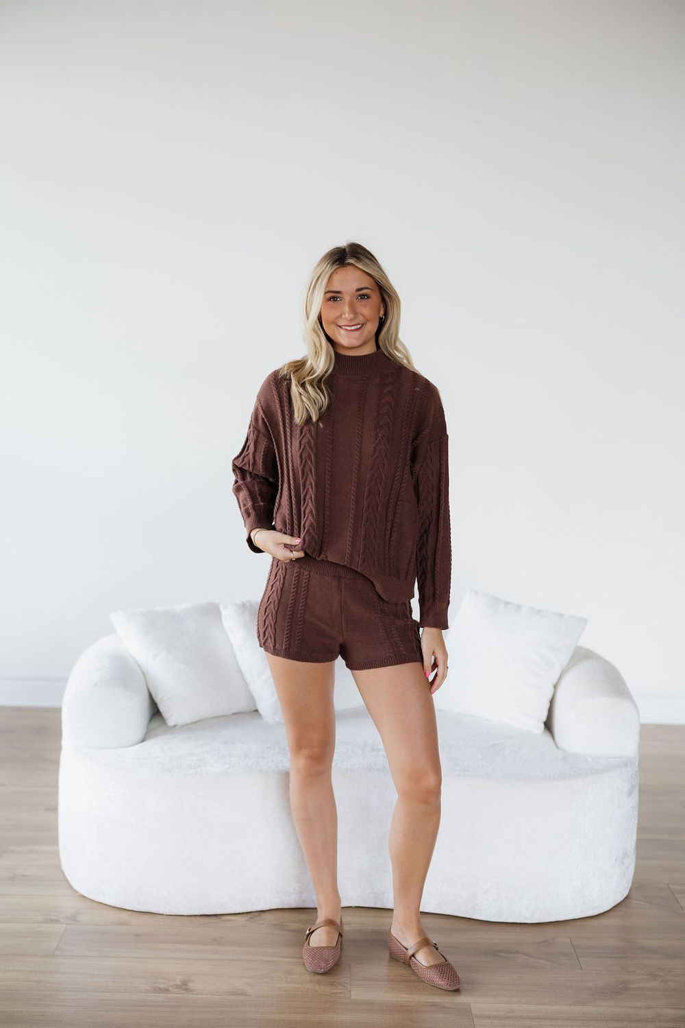 Cable Knit  Mock Neck Sweater and Shorts Set