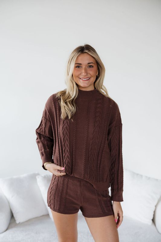 Cable Knit  Mock Neck Sweater and Shorts Set