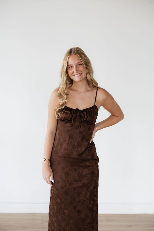 Thin Strap Front Tie Jacquard Satin Dress