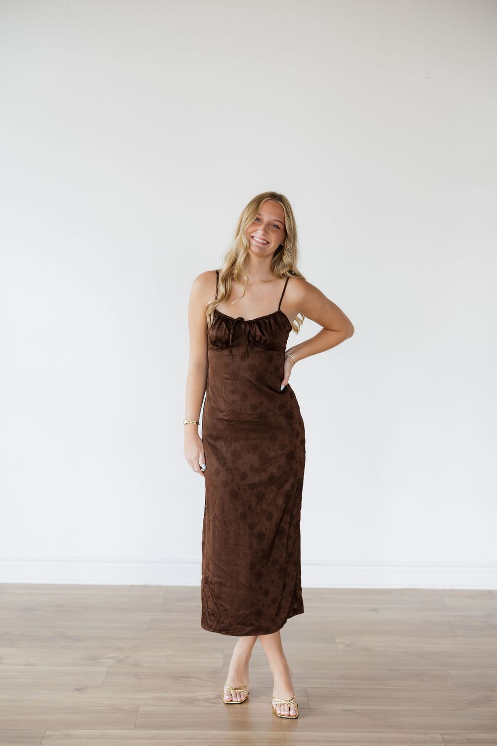 Thin Strap Front Tie Jacquard Satin Dress