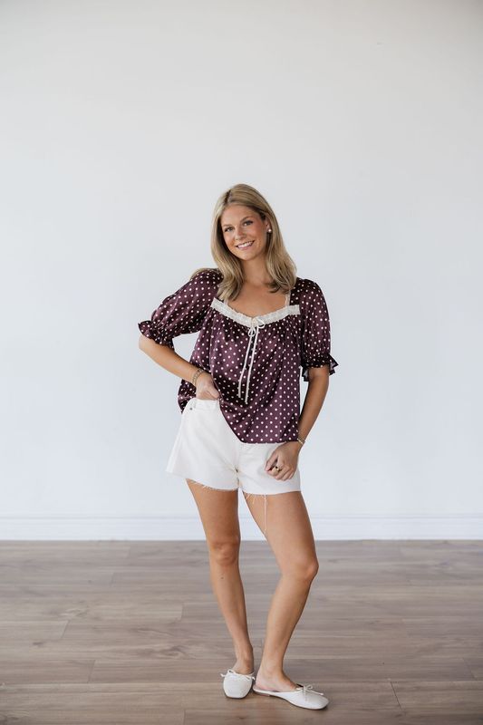 Satin Polka Dot Puff Sleeve Top