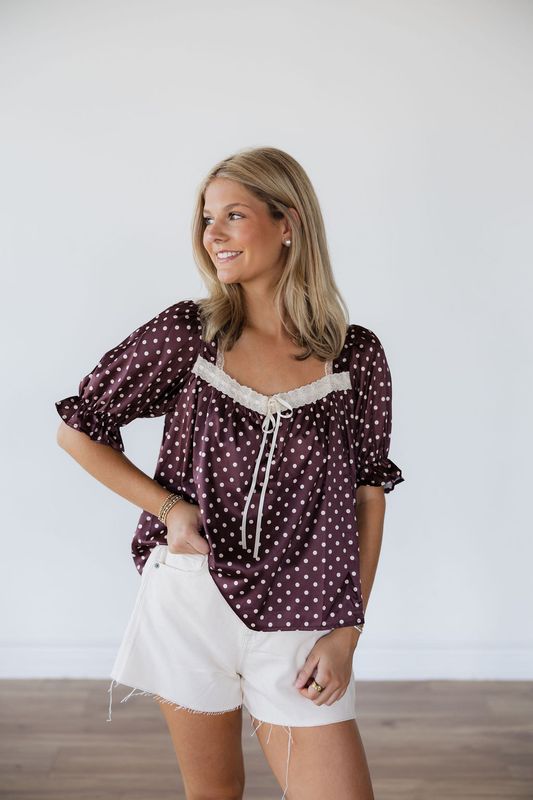 Satin Polka Dot Puff Sleeve Top