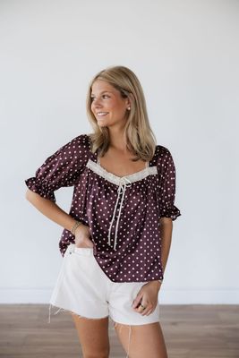 Satin Polka Dot Puff Sleeve Top