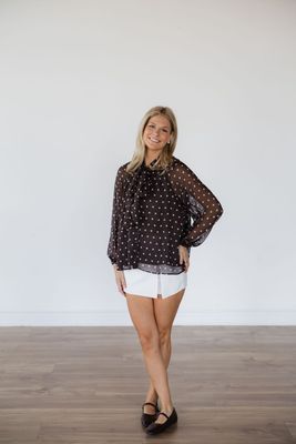Sheer Polka Dot Tie Neck Long Sleeve Blouse