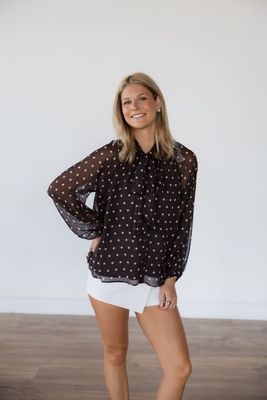 Sheer Polka Dot Tie Neck Long Sleeve Blouse