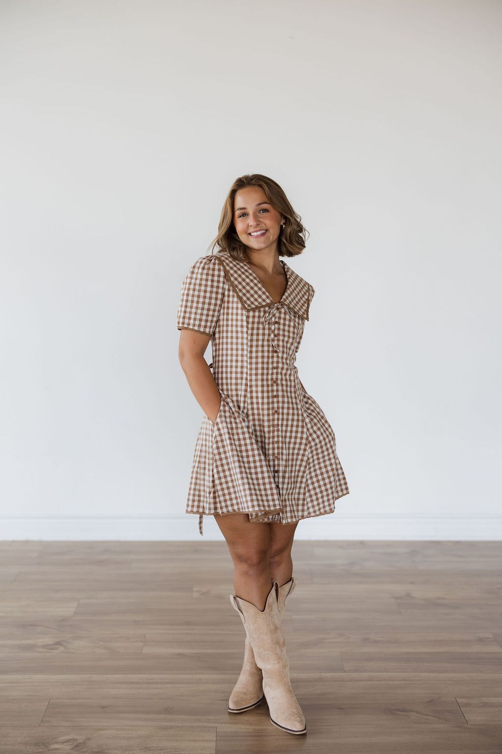 Gingham Sailor Collar Button Down Dress