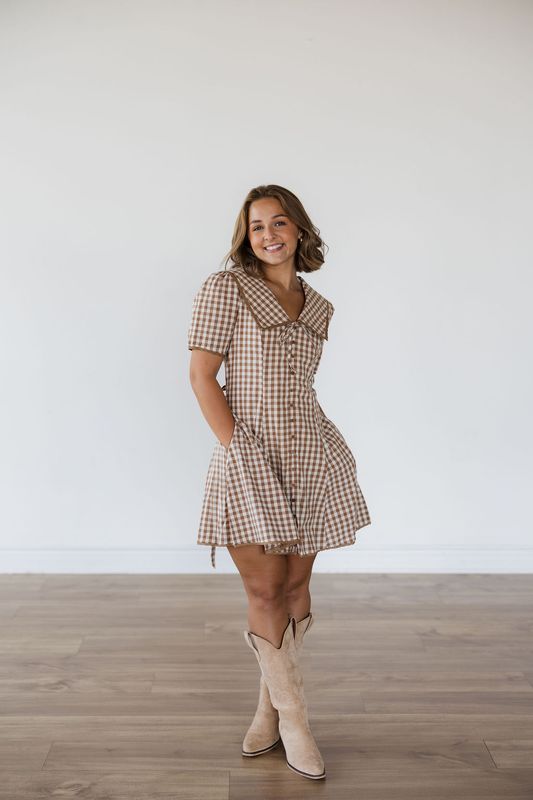 Gingham Sailor Collar Button Down Dress