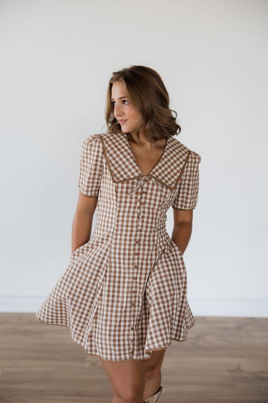 Gingham Sailor Collar Button Down Dress