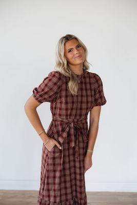 Plaid Tie Waist Puff Sleeve Maxi Dress