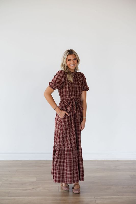 Plaid Tie Waist Puff Sleeve Maxi Dress