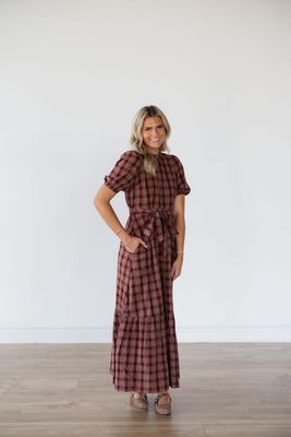 Plaid Tie Waist Puff Sleeve Maxi Dress