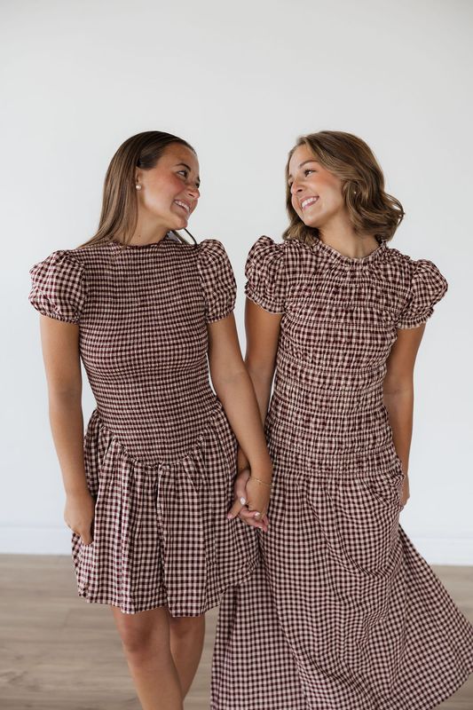 Plaid Smocked Waist Puff Sleeve Maxi