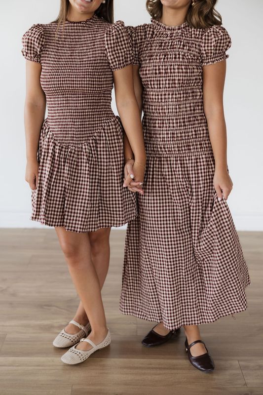 Plaid Smocked Waist Puff Sleeve Maxi
