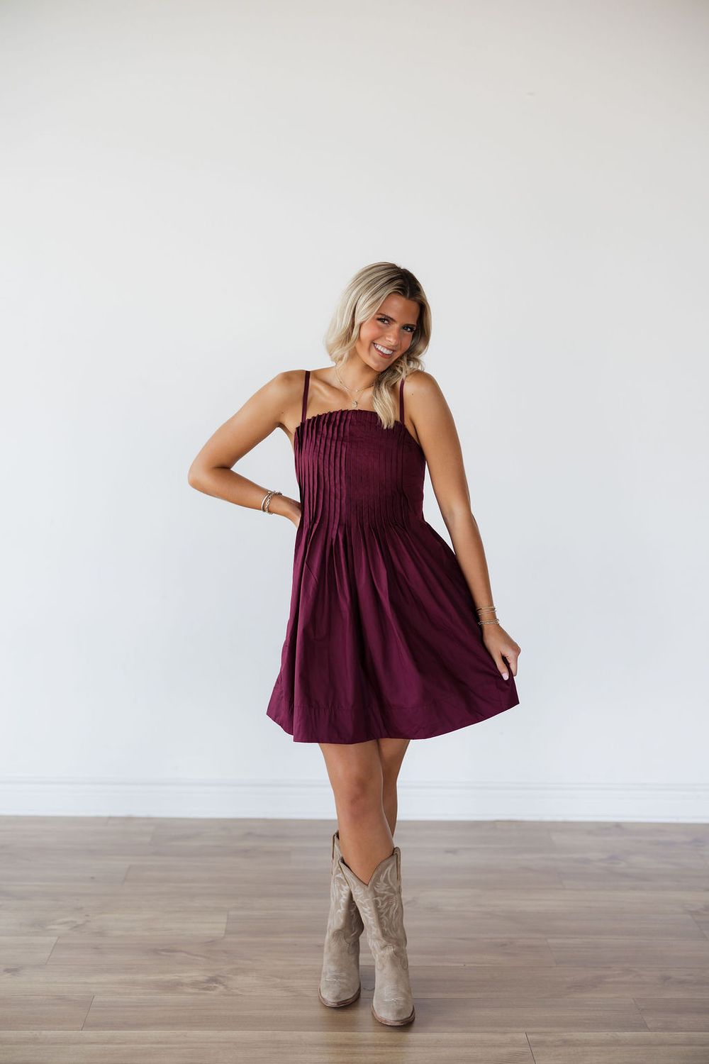Pleated Front Thin Strap Mini Dress