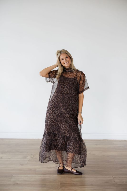 Leopard Print Overlay Midi Dress