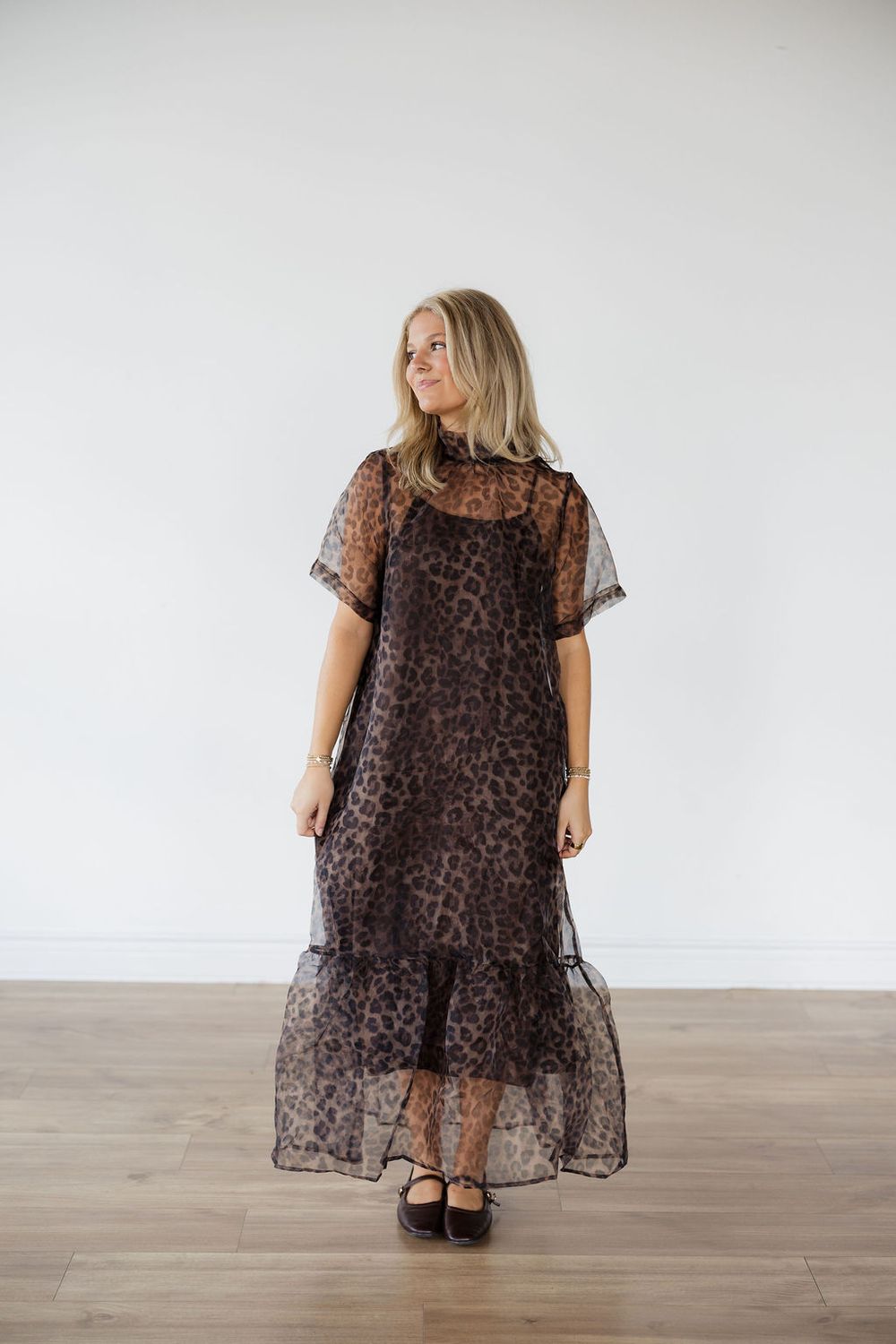 Leopard Print Overlay Midi Dress