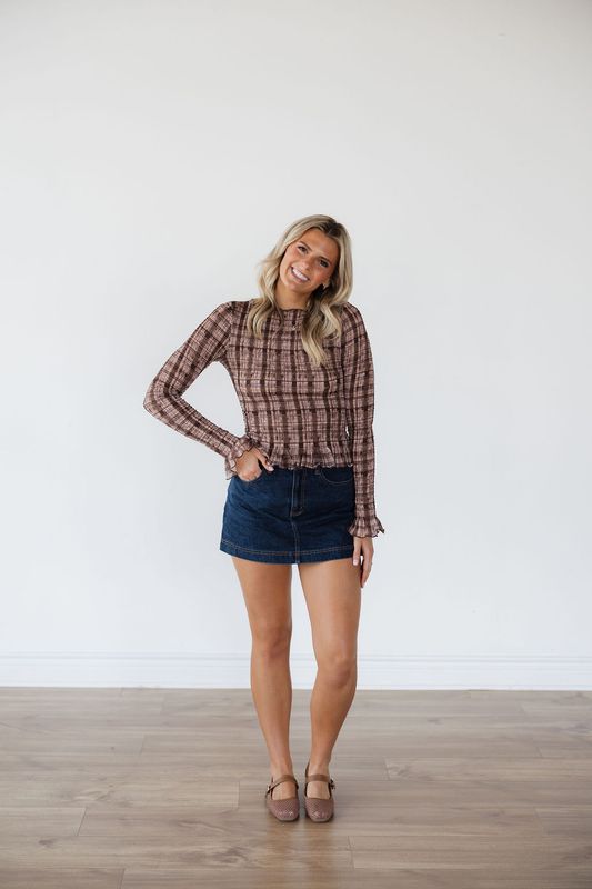 Plaid Smocked Long Sleeve Top