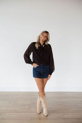Ascot Neck Sheer Long Sleeve Blouse