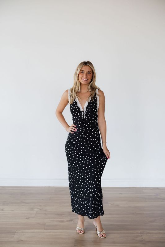 Polka Dot Lace Trim Midi Dress