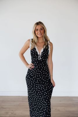 Polka Dot Lace Trim Midi Dress