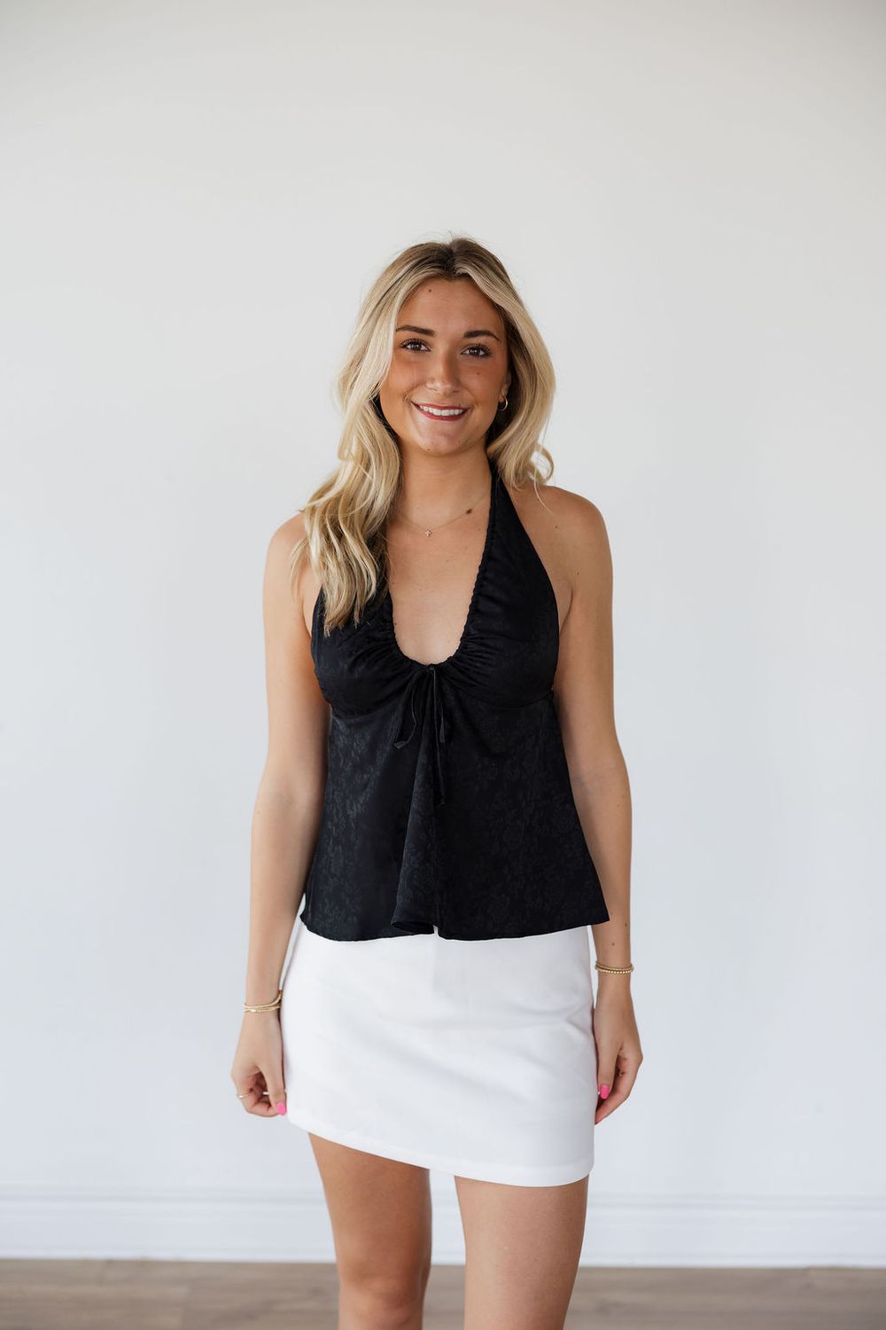 Tie Neck Jacquard Halter Top
