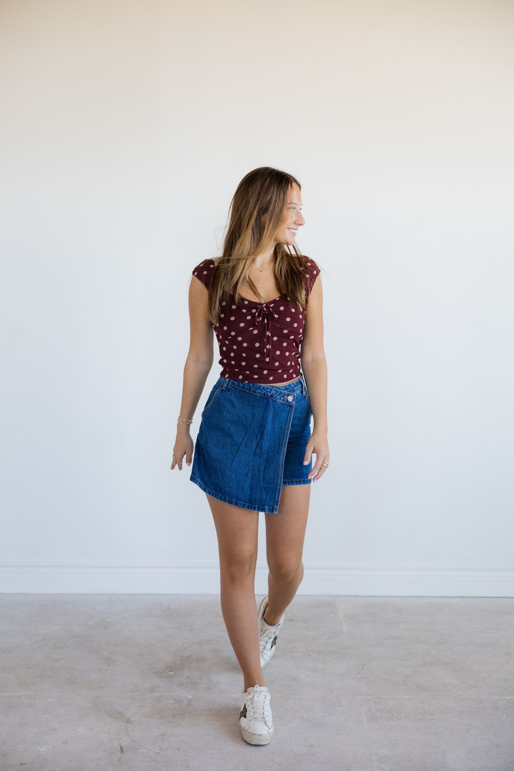 Mesh Polka Dot Sweetheart Tie Front Top
