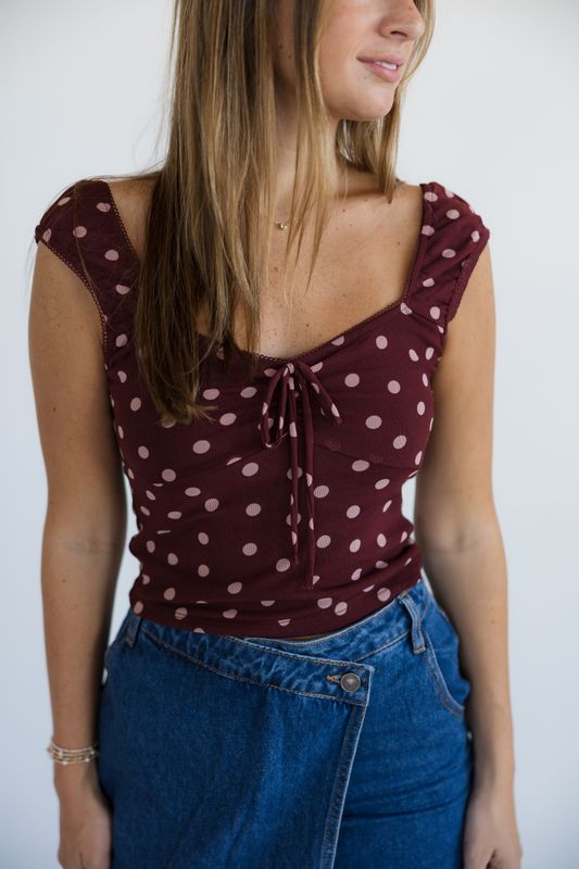 Mesh Polka Dot Sweetheart Tie Front Top