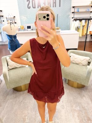 Satin Sleeveless Lace Trim Mini Dress