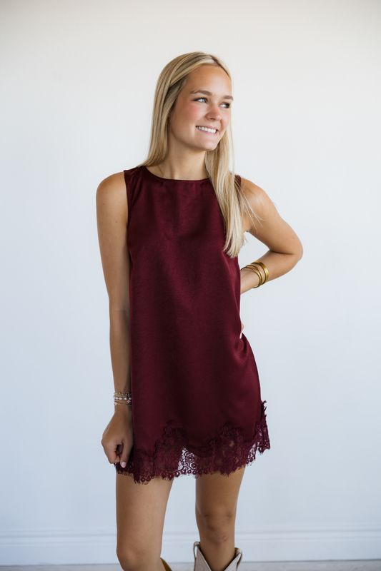 Satin Sleeveless Lace Trim Mini Dress