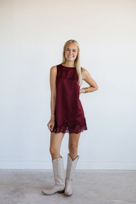 Satin Sleeveless Lace Trim Mini Dress