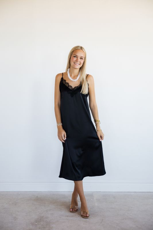 Satin Lace Trim Neckline Midi Slip Dress