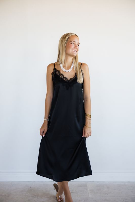 Satin Lace Trim Neckline Midi Slip Dress