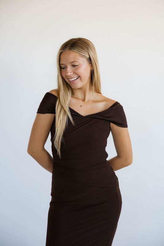 Off Shoulder Ruched Asymmetrical Midi