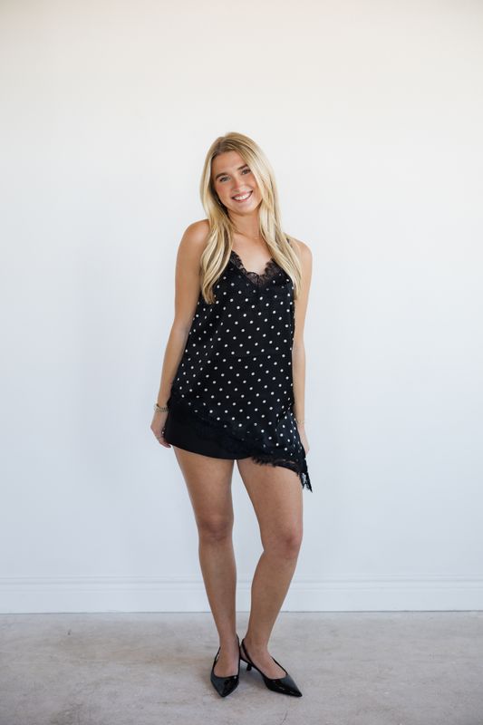 Thin Strap Polka Dot Satin Lace Trim Top