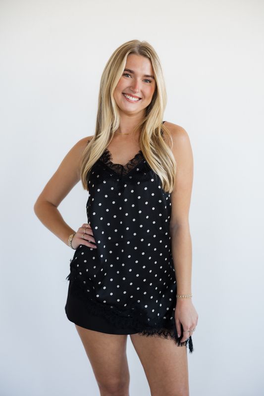 Thin Strap Polka Dot Satin Lace Trim Top