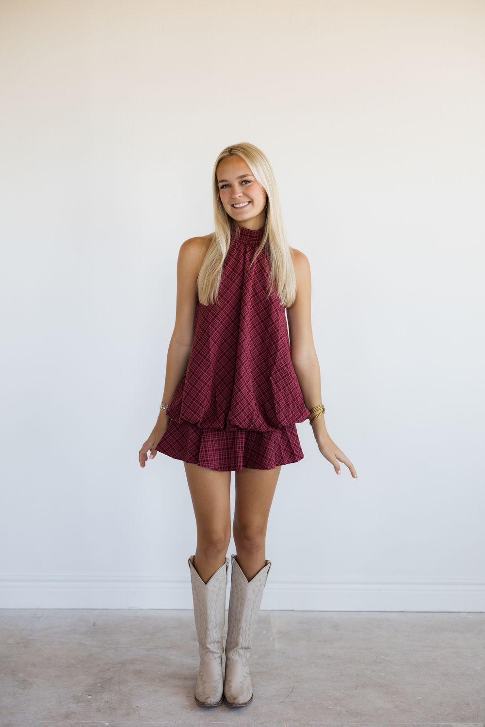 Plaid Halter Neck Bow Bubble Mini