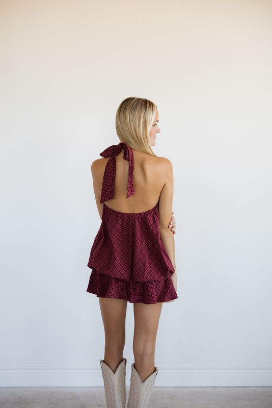 Plaid Halter Neck Bow Bubble Mini