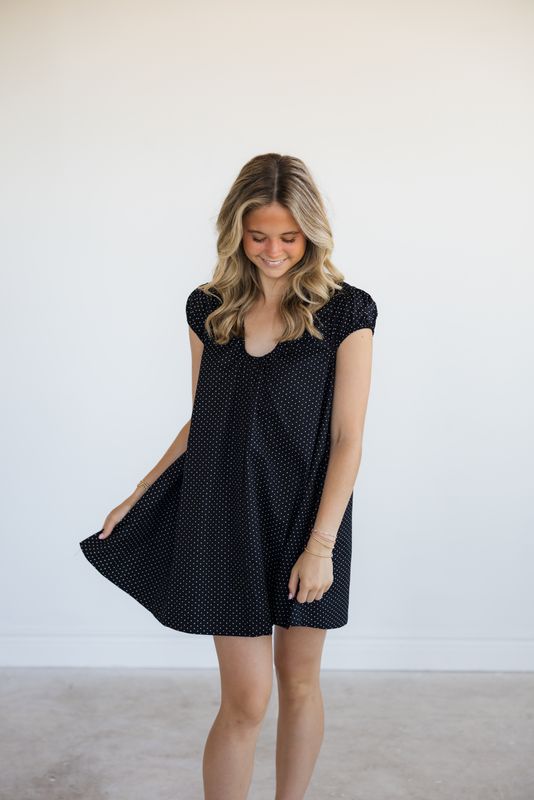 U-Neck Puff Sleeve Swing Mini Dress